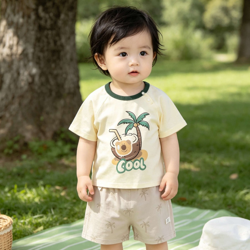 Baby Clothing Made In Usa - ชุดเสื้อยืดแขนสั้นลายการ์ตูนผ้าฝ้ายแท้/กางเกงห้าส่วนสำหรับเด็กอายุ 0-3 ปี ชุด 2 ชิ้นสำหรับฤดูร้อน