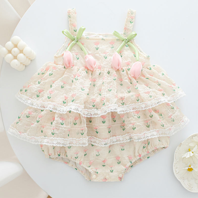 Baby Clothing Online - ชุดบอดี้สูทเด็กผู้หญิงลายดอกไม้ 3 มิติ ผ้าบางระบายอากาศดี แต่งลูกไม้ กระโปรงบัลเลต์