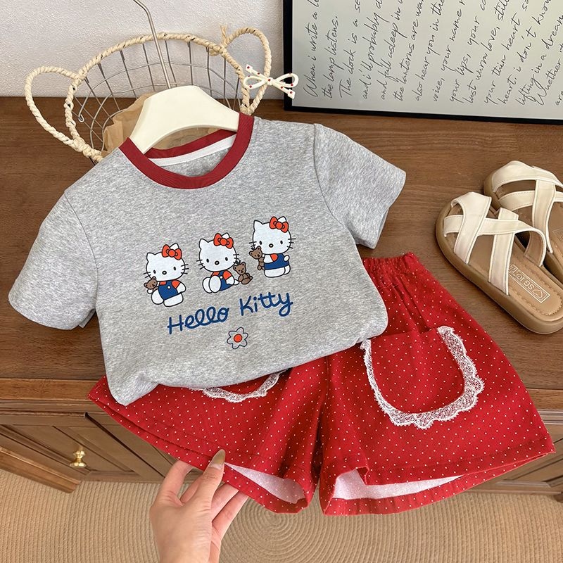 Baby Clothing Quality - อะนิเมะเฮลโลคิตตี้เกิร์ลฤดูร้อนการ์ตูนน่ารักสีแดงเฮลโลคิตตี้ชุดเด็กผู้หญิงพิมพ์ลายแฟชั่นลำลองคุณภาพดีเสื้อผ้าเด็ก