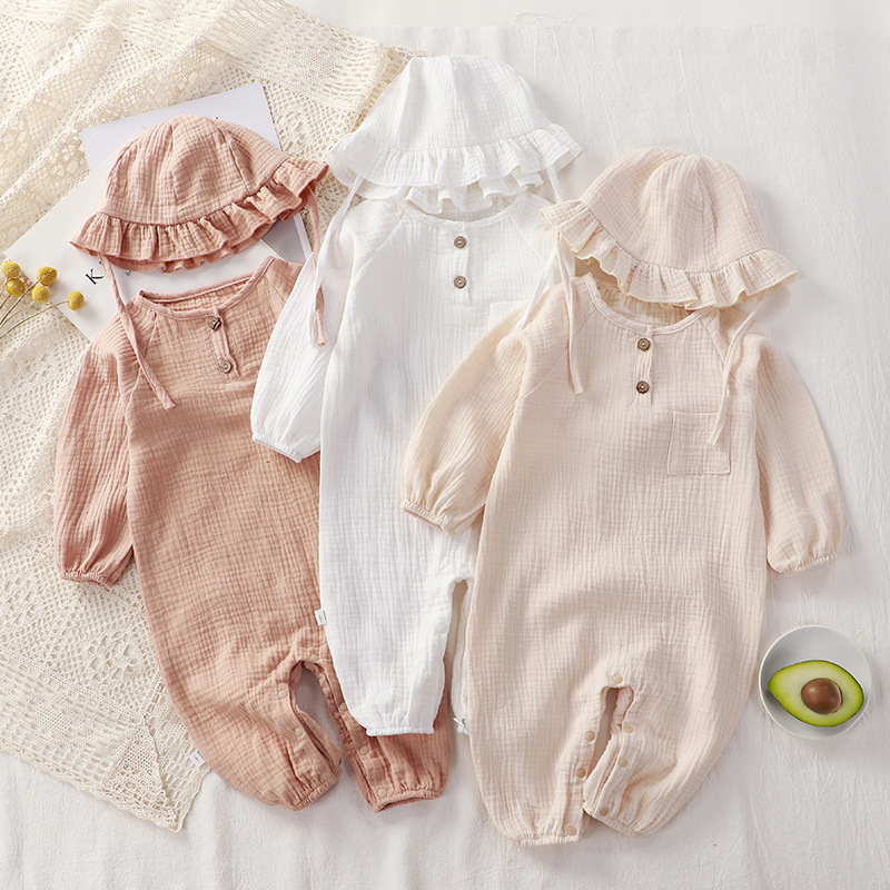 Baby Clothing Factory Shop - ทารกแรกเกิดเสื้อผ้าเด็กฤดูใบไม้ผลิฤดูใบไม้ร่วงผ้าฝ้าย 100% หมวกRomperชุดOnepiece Pijamas MuslinสีขาววาฟเฟิลJumpsuit Mamelucos