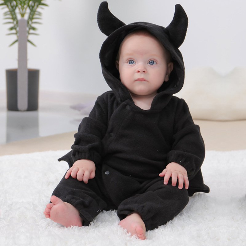 Baby Clothing Factory Shop - ขนแกะอุ่นเด็กฮาโลวีนค้างคาวแวมไพร์คอสเพลย์ Devil Hooded Jumpsuit เด็ก Romper