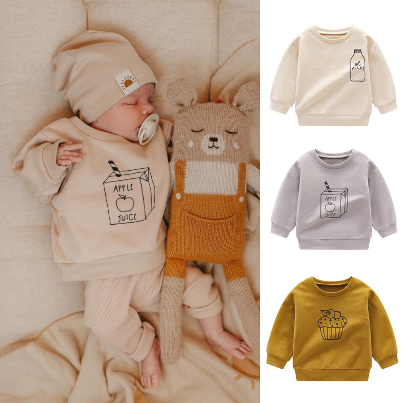 Baby Clothing Organic Cotton - เสื้อสเวตเตอร์แฟชั่นเด็กทารกคอกลมแขนยาวพิมพ์ลายนมเสื้อผ้าฤดูใบไม้ร่วงสำหรับเด็กผู้หญิงเสื้อยืดผู้หญิงแบบสวมหัวผ้าคอตตอนออร์แกนิค
