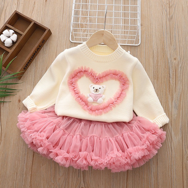 Baby Clothing Jumpers - ชุดจั๊มเปอร์เด็กผู้หญิง, เซ็ตเสื้อผ้า2ชิ้นสำหรับฤดูใบไม้ร่วงและฤดูหนาวเด็กผู้หญิงทารกแบบแฟชั่นใหม่จัมเปอร์หมีรัก + กระโปรงนุ่ม