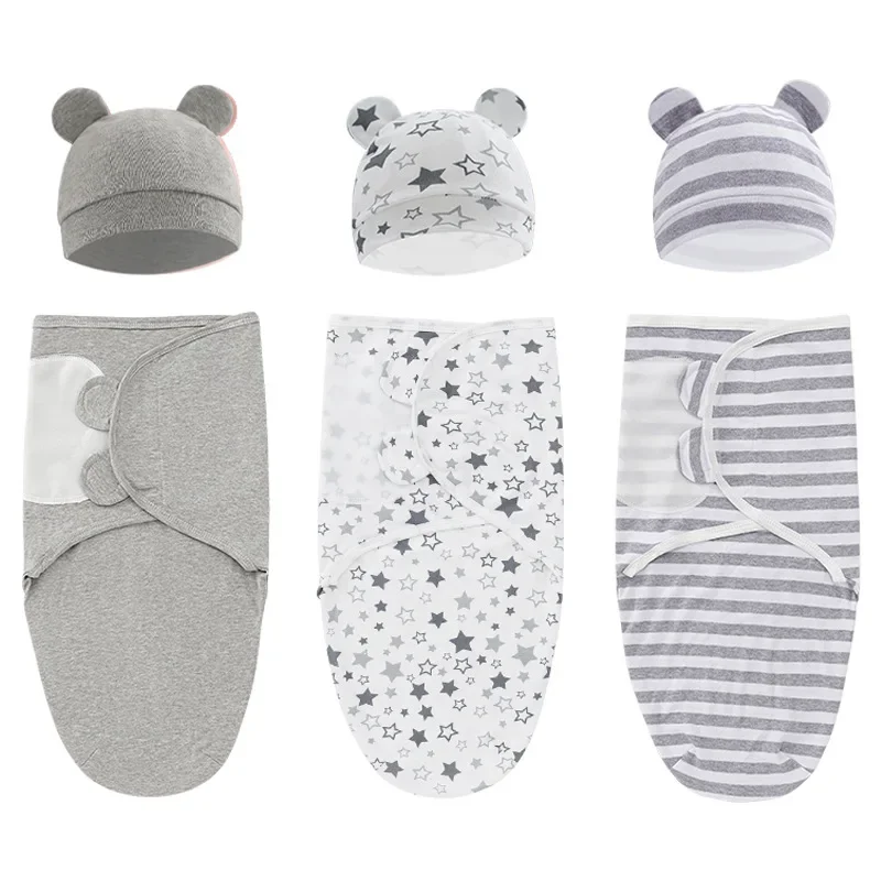 Baby Clothing Organic Cotton - ชุดหมวกผ้าห่มห่อทารกผ้าฝ้ายออร์แกนิก100% สำหรับทารก0-3เดือนปรับได้ผ้าห่อตัวทารกแรกเกิด