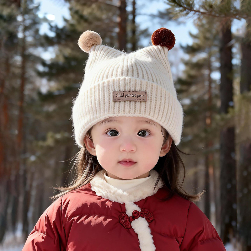 Baby Hat Beanie - หมวกไหมพรมเด็กอายุ 1-4 ปี น่ารัก ตกแต่งด้วยลูกบอลขนปุยสองลูก ป้องกันความหนาว