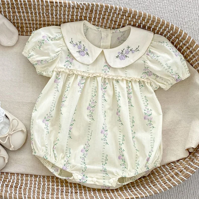 Baby Clothing Online - 0-24Mเสื้อผ้าเด็กผู้หญิง2025ฤดูร้อนใหม่ทารกแรกเกิดเด็กทารกRomperสีม่วงปักดอกไม้ผ้าฝ้ายเด็กวัยหัดเดินเด็กทารกJumpsuit