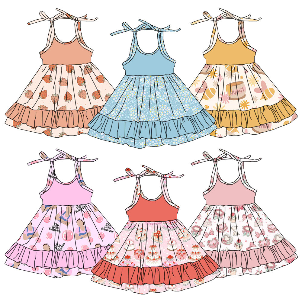 Baby Clothing Layers - ชุดเดรสเด็กผู้หญิงลายสตรอว์เบอร์รีฤดูร้อน ลายน่ารักแบบดอกไม้ พร้อมระบายสองชั้น เสื้อผ้าเด็กสไตล์บูติก