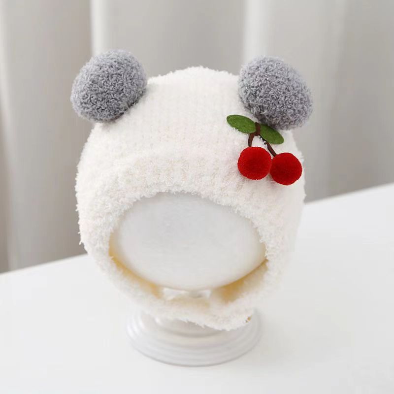 Baby Hat Beanie - หมวกไหมพรมเด็กอ่อนสำหรับฤดูหนาว ลายเชอร์รี่น่ารัก ป้องกันหู สำหรับเด็กอายุ 3-24 เดือน