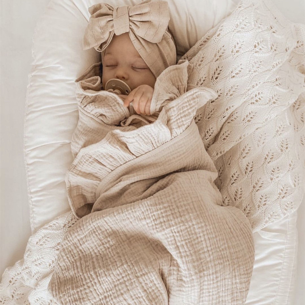 Baby Clothing Organic Cotton - INS Ruffled Muslin Baby Swaddle ผ้าห่มสําหรับทารกแรกเกิดเครื่องนอนเด็กอินทรีย์อุปกรณ์เสริมทารกแรกเกิดรับผ้าห่มผ้าฝ้าย